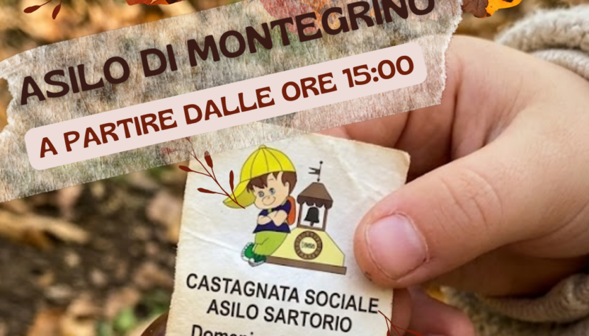 Locandina della Castagnata 2026: domenica 25 ottobre all'Asilo di Montegrino, dalle 15:00. Una mano tiene una castagna con il logo dell'Asilo Sartorio, sullo sfondo foglie d'autunno.